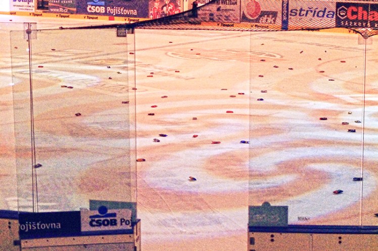 The ice is littered with what seem to be ice creams after the final whistle.